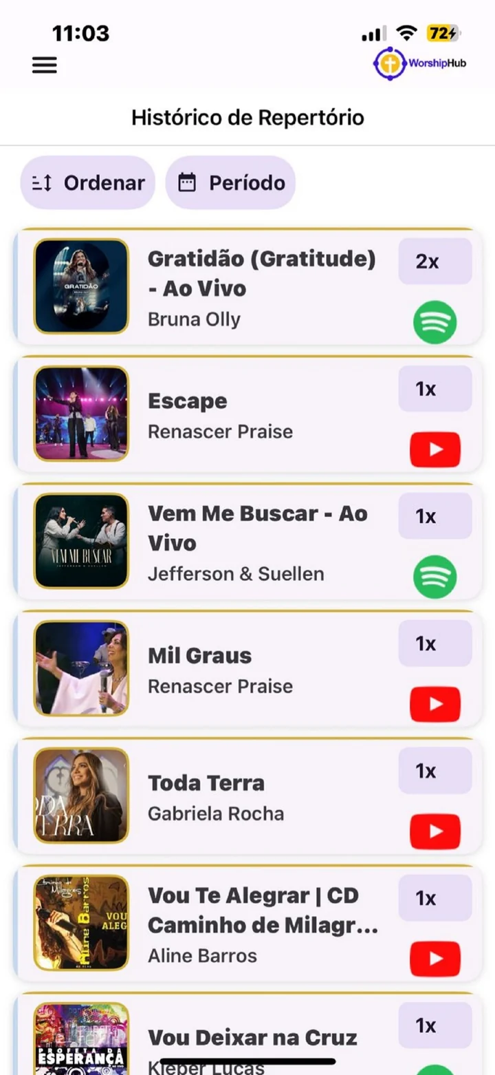 Tela de histórico de repertório no WorshipHub